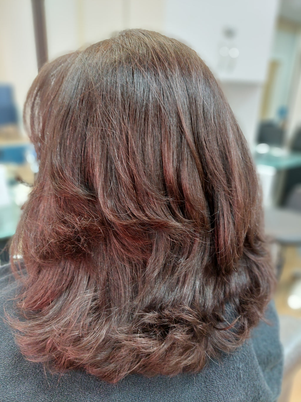 Tinted roots, cut and blow dry hair to shoulder