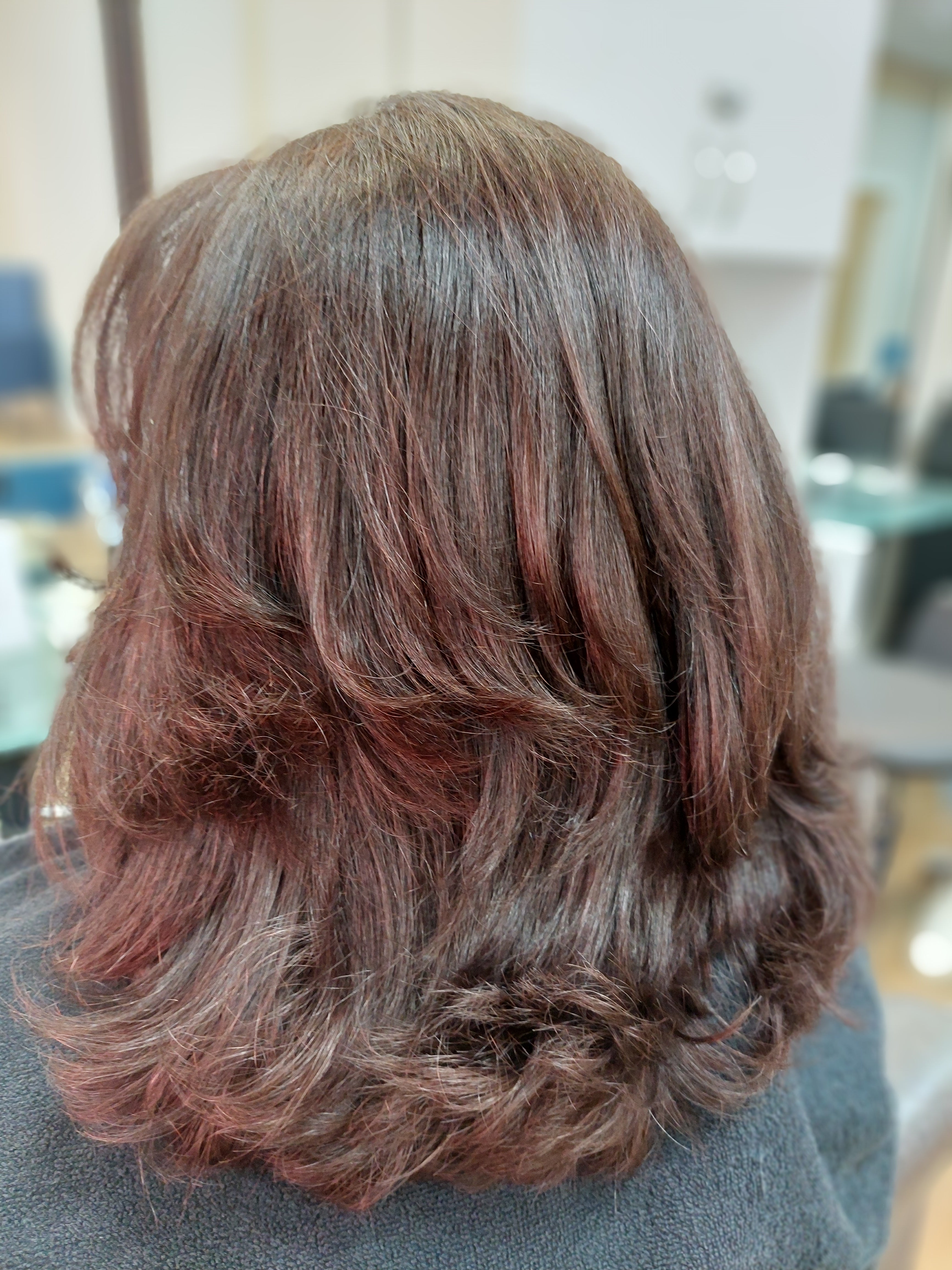 Tinted roots, cut and blow dry hair to shoulder